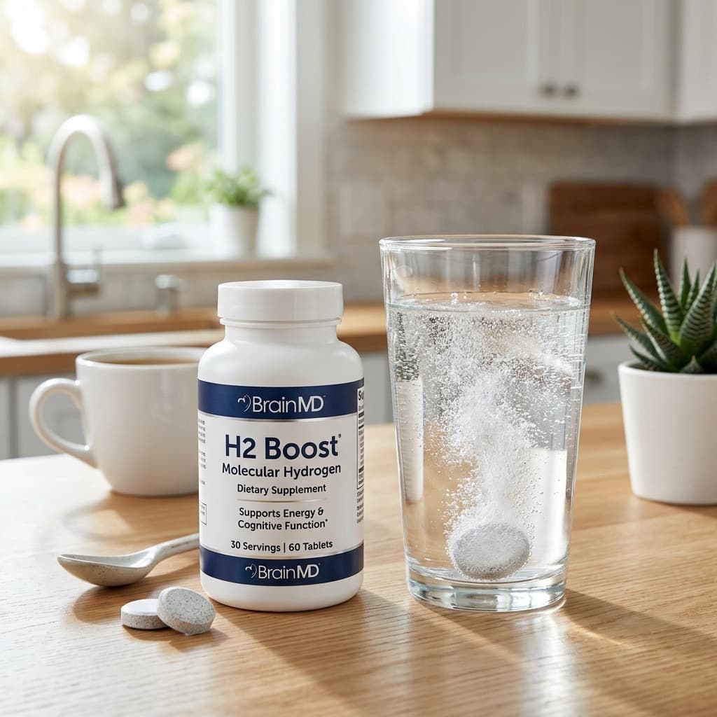 BrainMD H2 Boost Molecular Hydrogen supplement bottle on a kitchen counter with dissolved hydrogen tablets in water