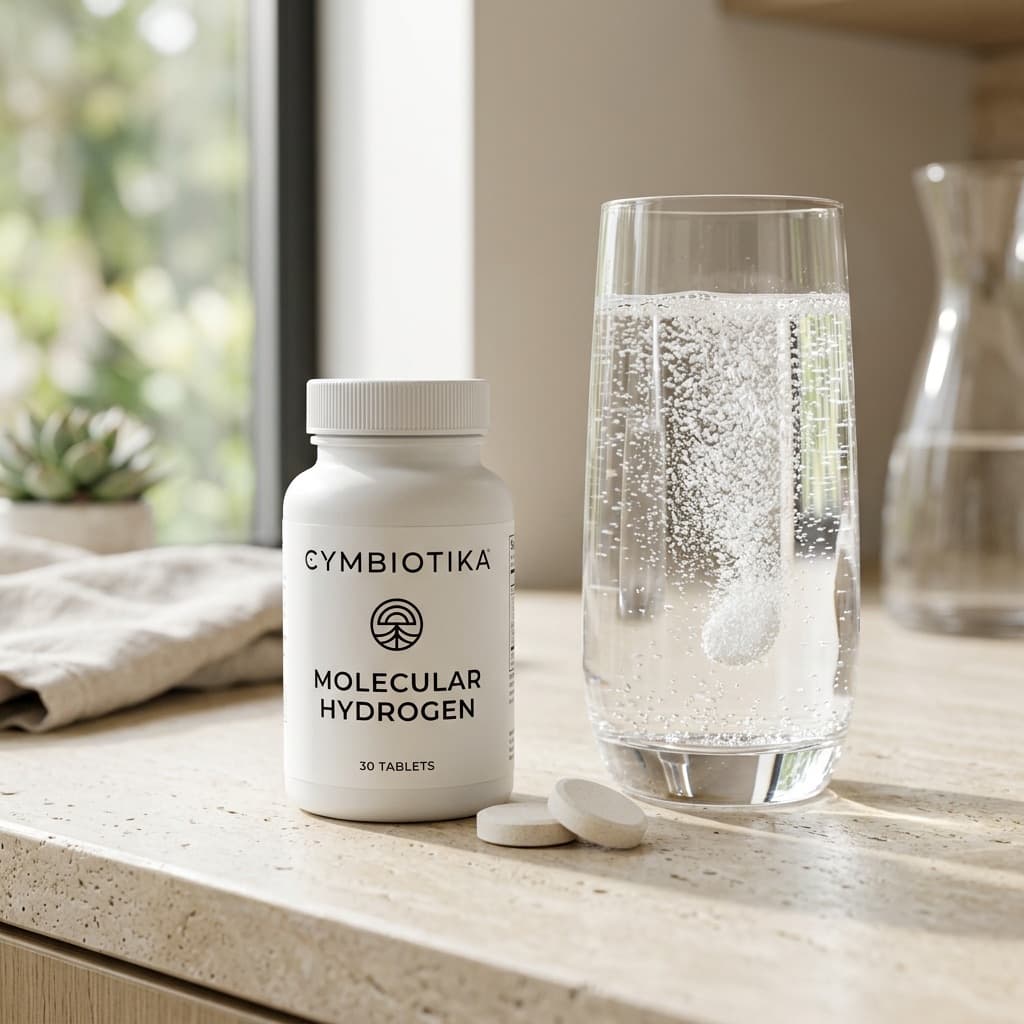 Cymbiotika Molecular Hydrogen supplement white bottle next to a glass of water with effervescent hydrogen bubbles