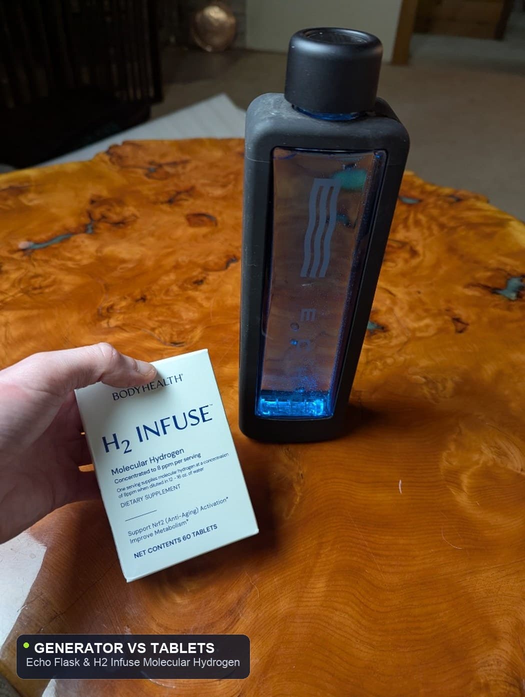 Echo Flask portable hydrogen bottle generator compared with BodyHealth H2 Infuse molecular hydrogen tablets