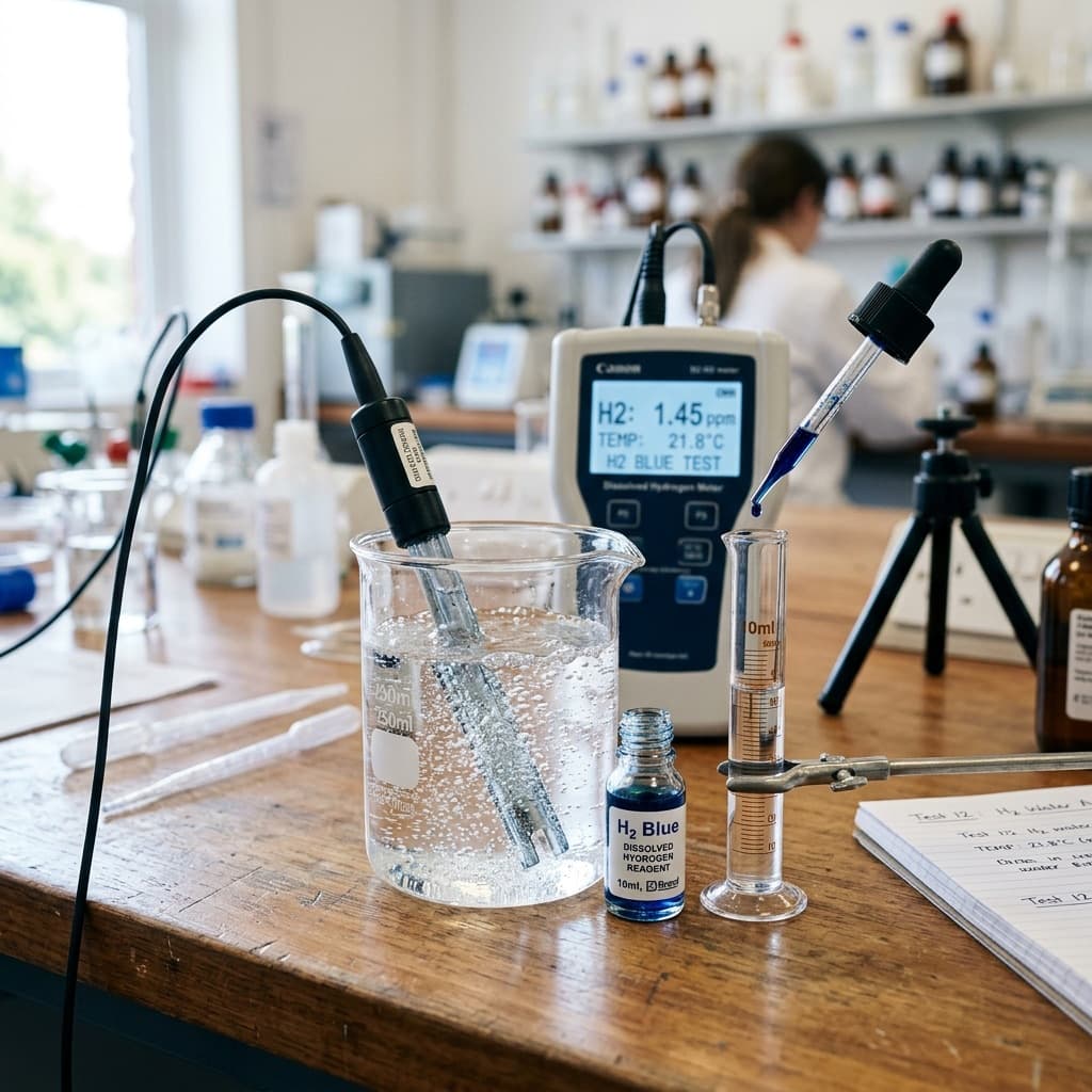 Laboratory testing setup for dissolved molecular hydrogen with digital meter and H2 Blue titration reagent