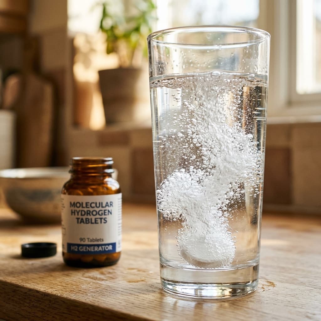 Drink HRW Rejuvenation molecular hydrogen tablet dissolving in a glass of water with microbubbles rising