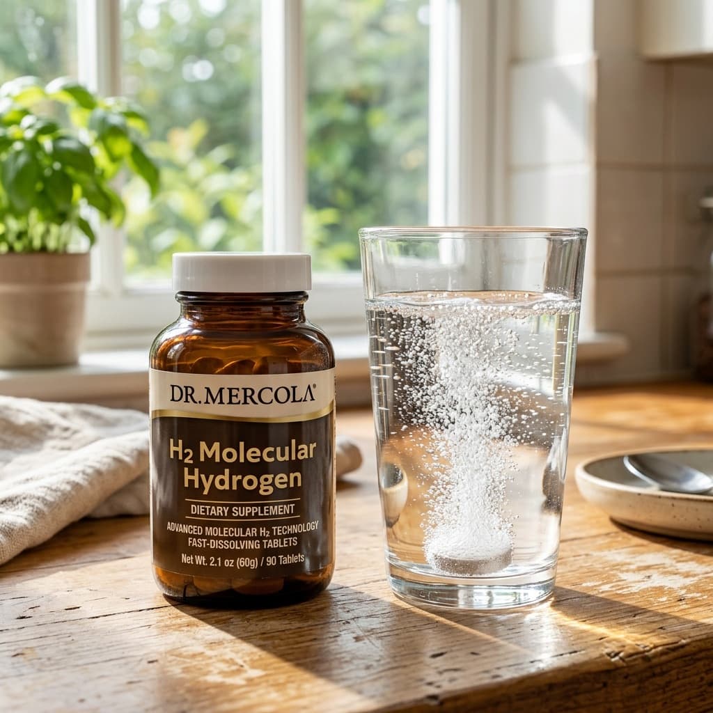 Dr. Mercola H2 Molecular Hydrogen amber supplement bottle next to a glass of hydrogen-infused water with rising bubbles