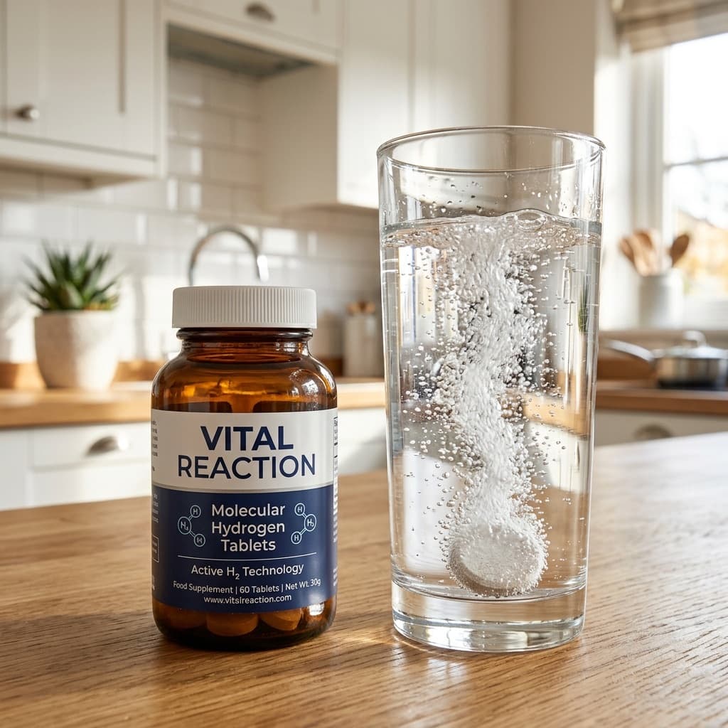 Vital Reaction Molecular Hydrogen tablets amber bottle on a countertop next to an effervescent glass of water